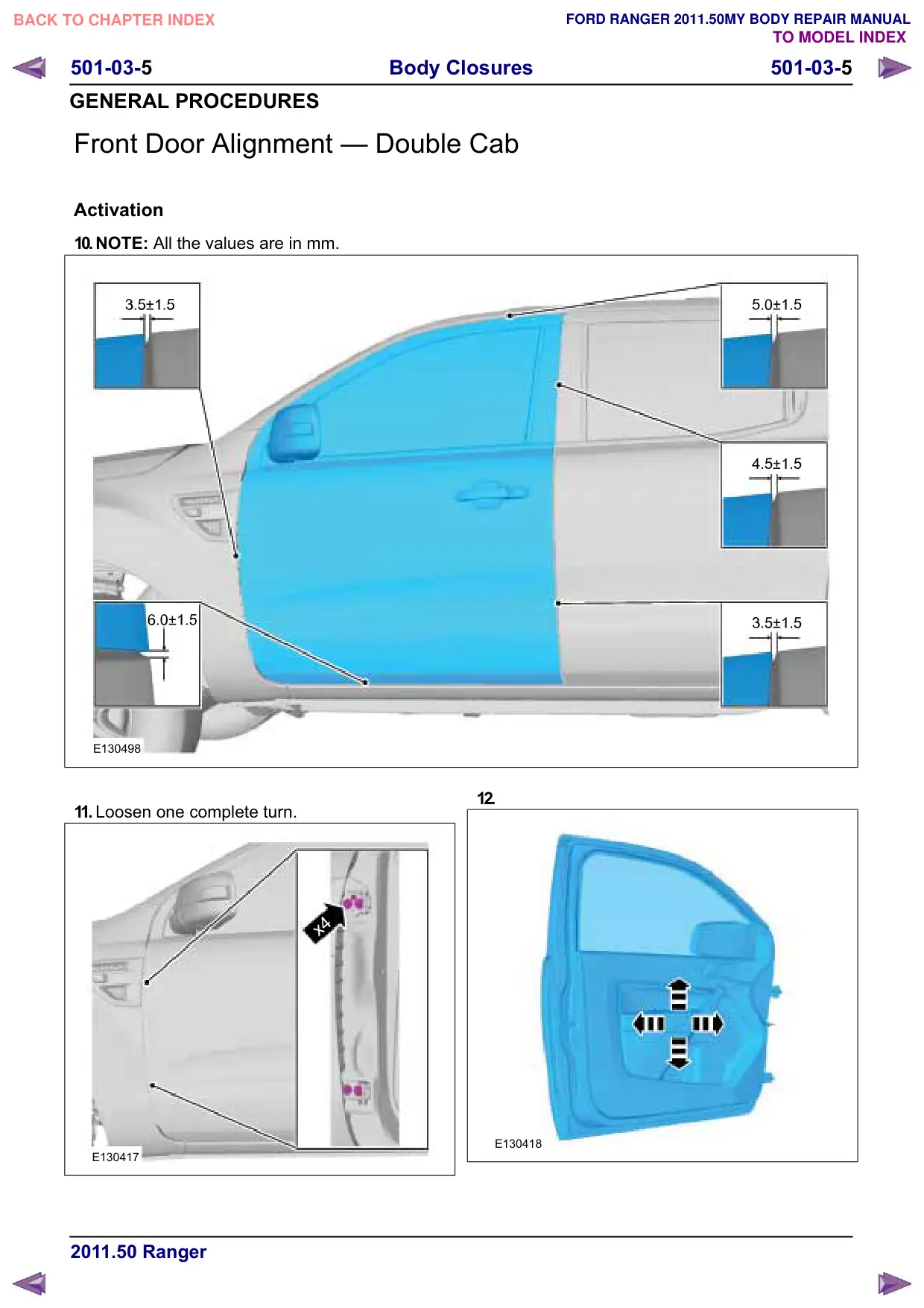 Página 14 do Manual de Carroceria: Alinhamento da porta dianteira – Cabine dupla