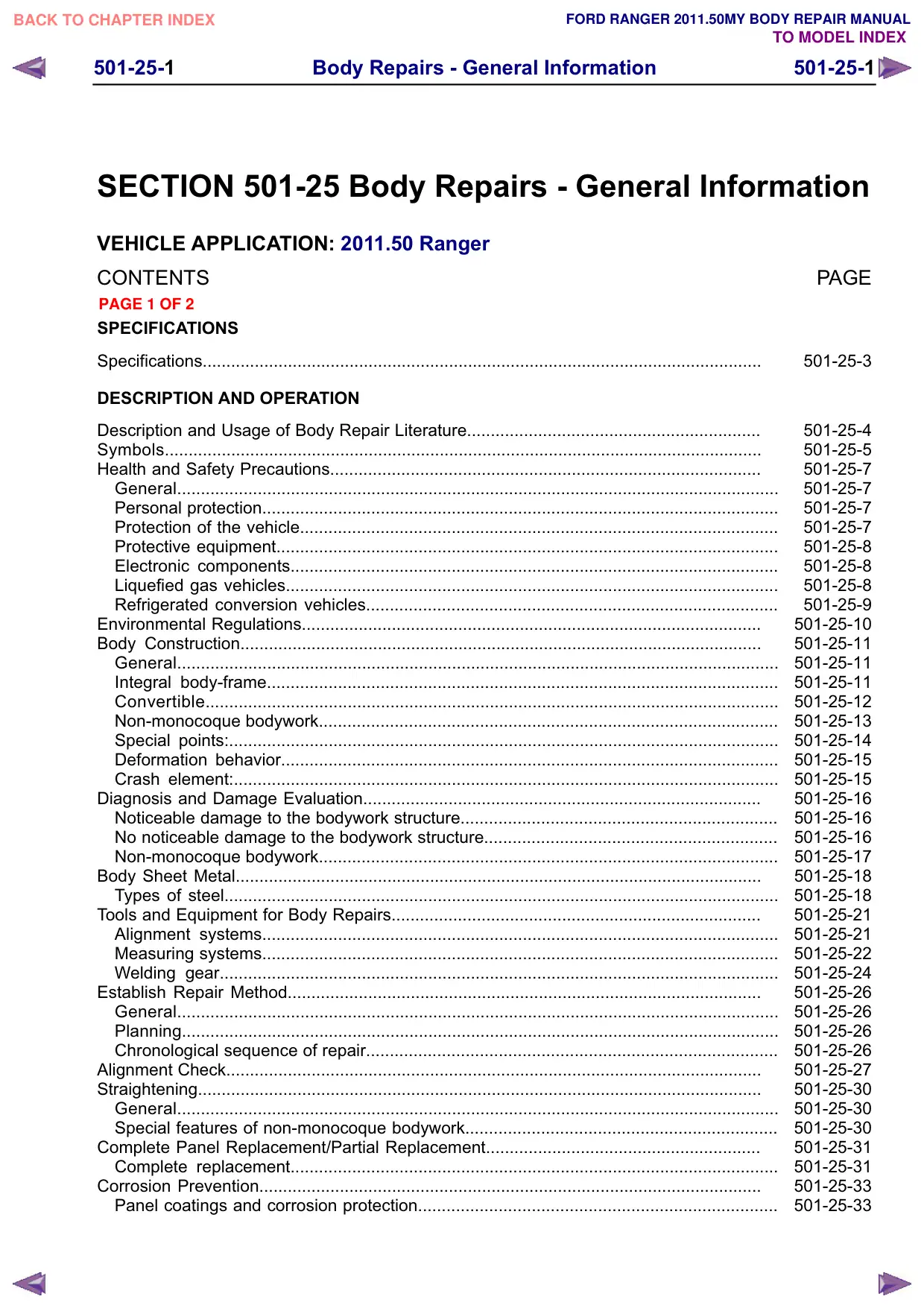 Página 259 do Manual de Carroceria: Índice da seção