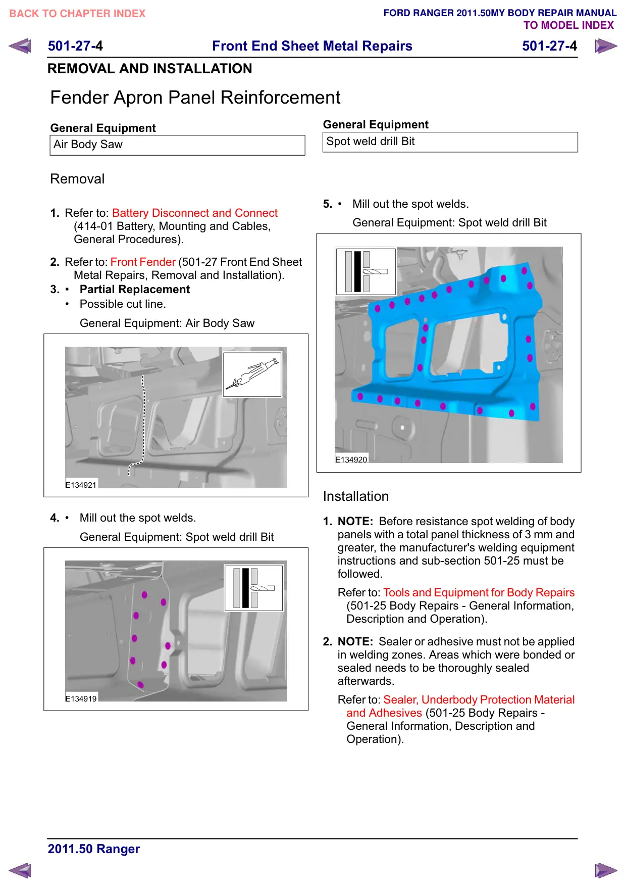 Página 383 do Manual de Carroceria: Reforço do painel do cavalete do para-lama