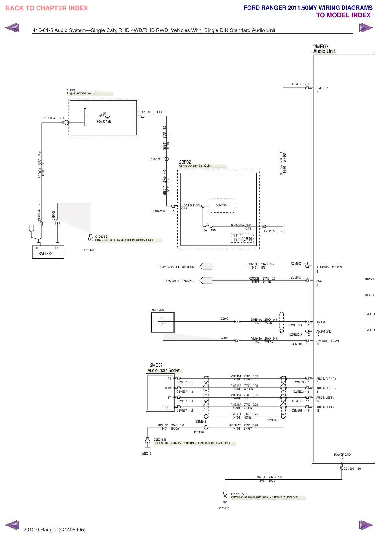 Página 221 do Diagramas Elétricos: Sistema de áudio—Cabine simples, RHD 4WD/RHD RWD, Veículos com: unidade de áudio padrão Single DIN