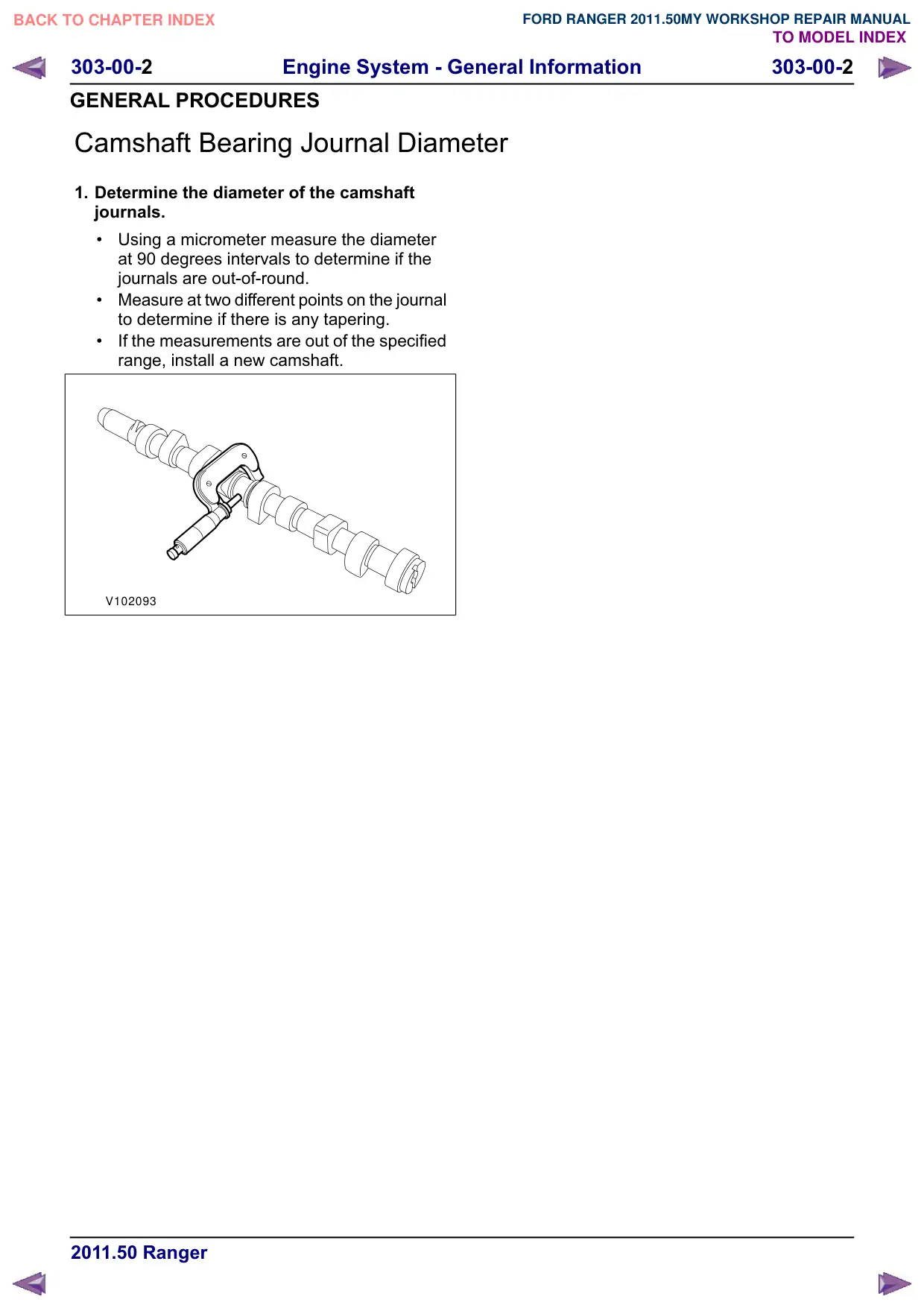 Página 263 do Manual de Oficina: Diâmetro dos munhões do eixo de comando